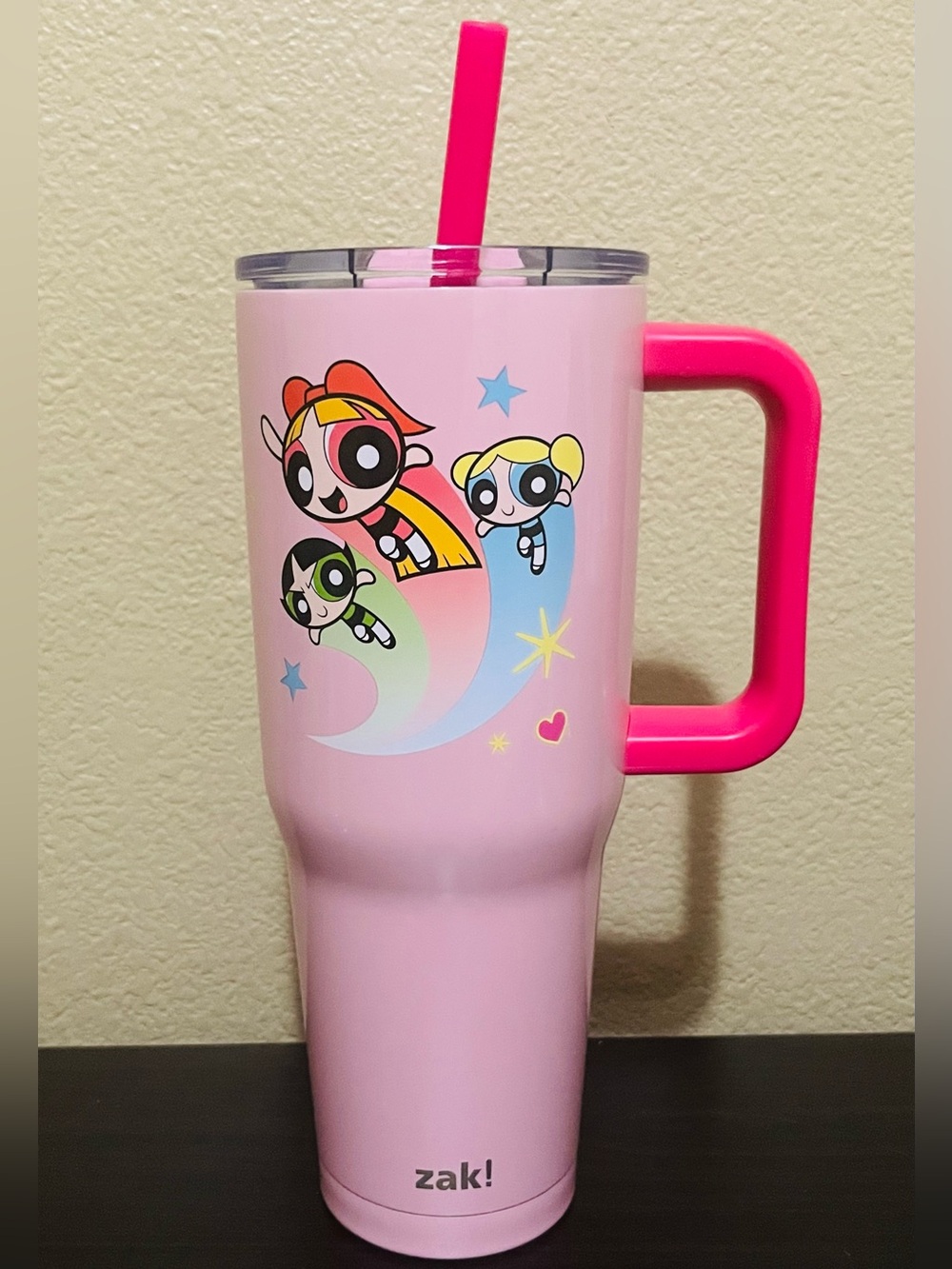 New Zak! Designs Lg 40oz Powerpuff Girls Pink Travel Tumbler with Handle & Straw